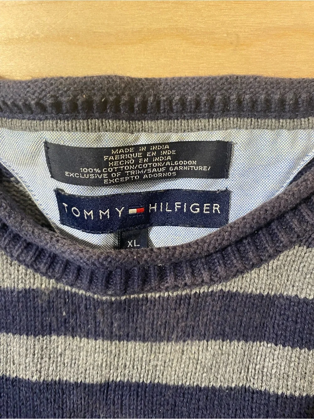 Tommy Hilfiger Men’s Navy and Gray Striped Crewneck Sweater XL (SX)